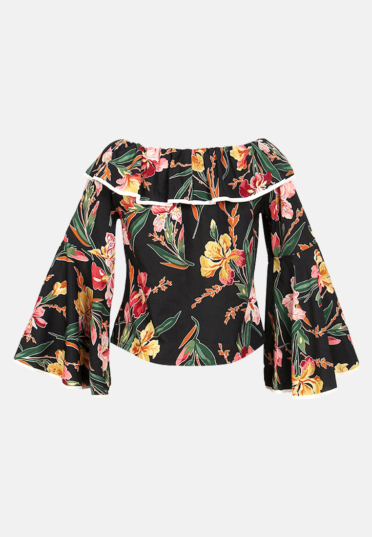 Black Floral Print Off Shoulder Top#color_black
