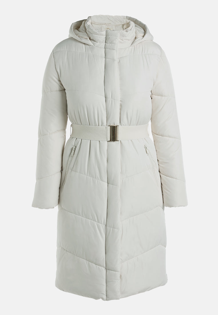 belted hooded long puffer jacket by ruw#color_cream