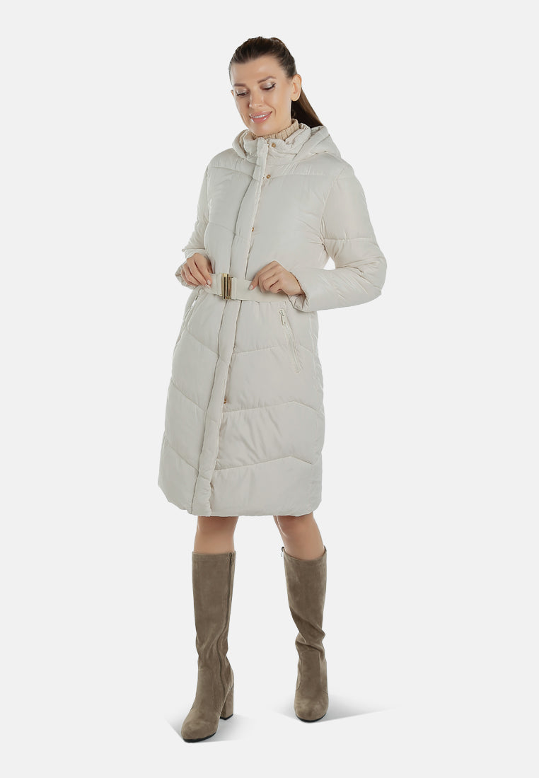 belted hooded long puffer jacket by ruw#color_cream