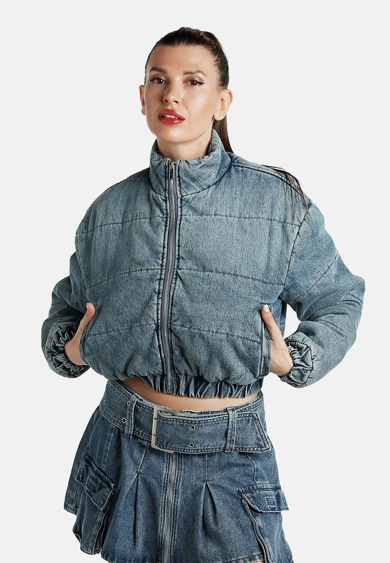 denim puffer short jacket by ruw#color_mid-wash