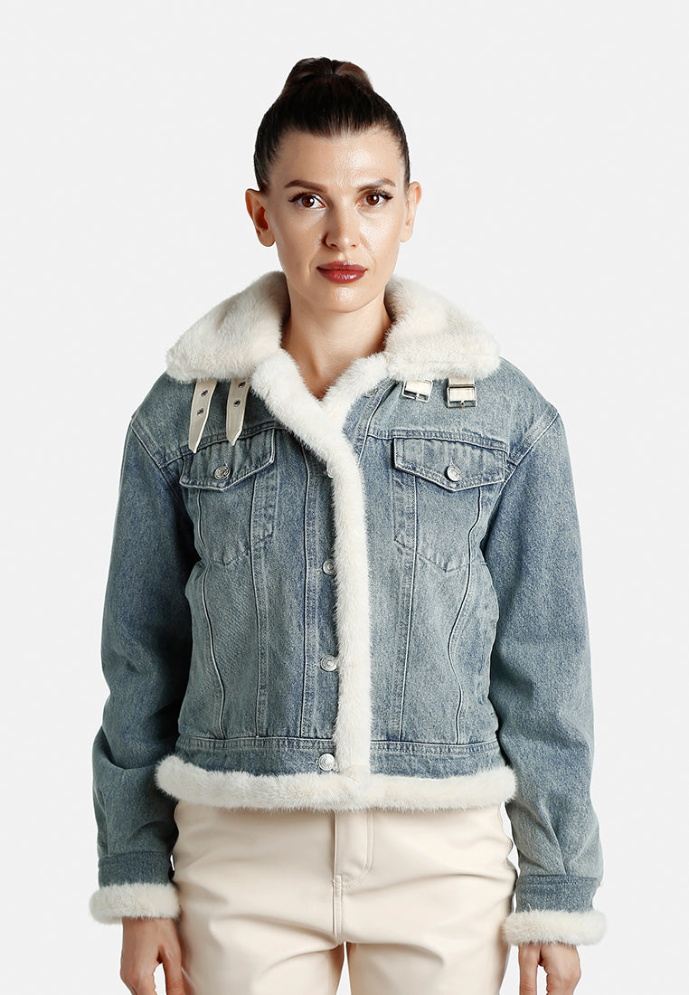 chunky faux fur trim denim jacket by ruw#color_mid-wash