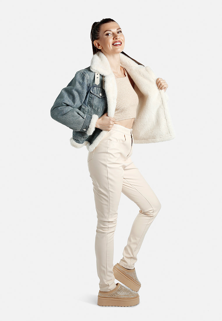 chunky faux fur trim denim jacket by ruw#color_mid-wash