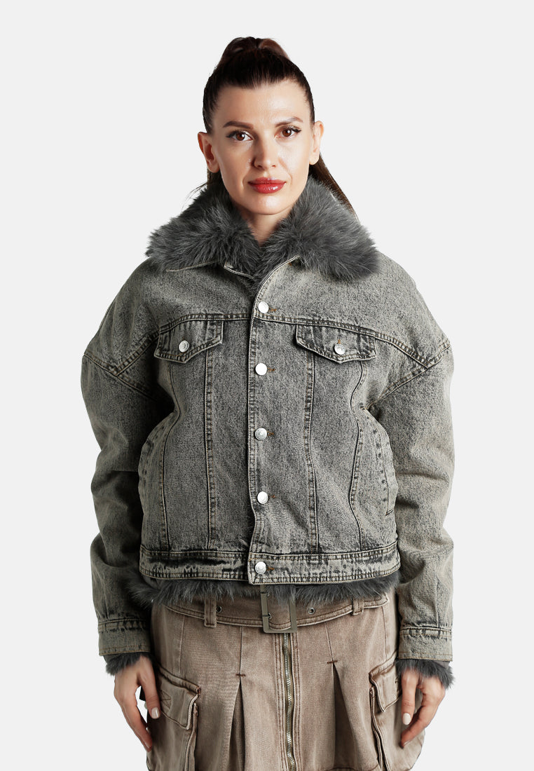 faux fur collar denim jacket by ruw#color_grey