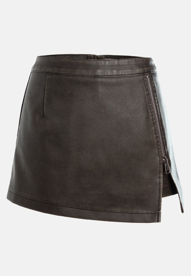 zip detail faux leather skorts by ruw#color_brown