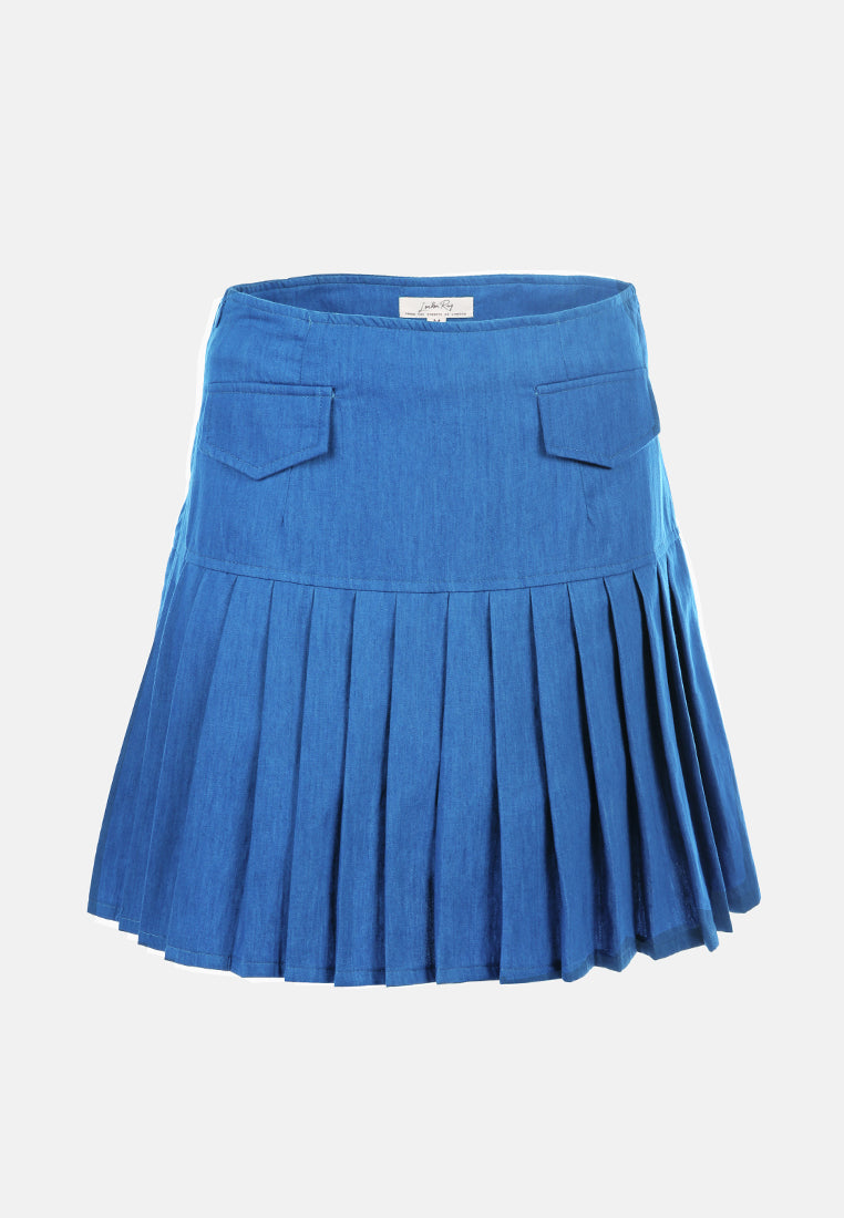 pleated drop waist godet skirt in blue#color_blue