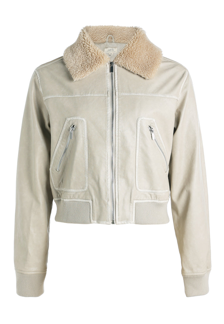 faux fur contrast collar cropped jacket by ruw#color_stone