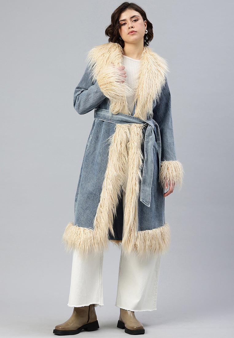 faux fur trim denim trench coat by ruw#color_light-wash
