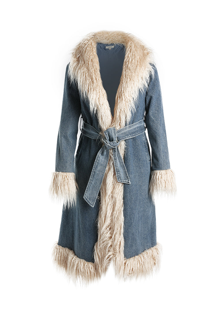 faux fur trim denim trench coat by ruw#color_light-wash
