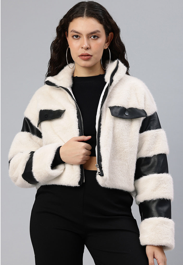 faux fur & faux leather coat by ruw#color_cream
