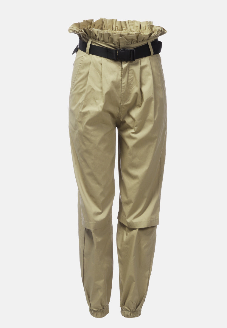 paper bag pants with buckled belt#color_khaki