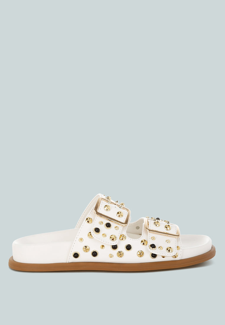 metallic stud embellished sliders by ruw#color_white