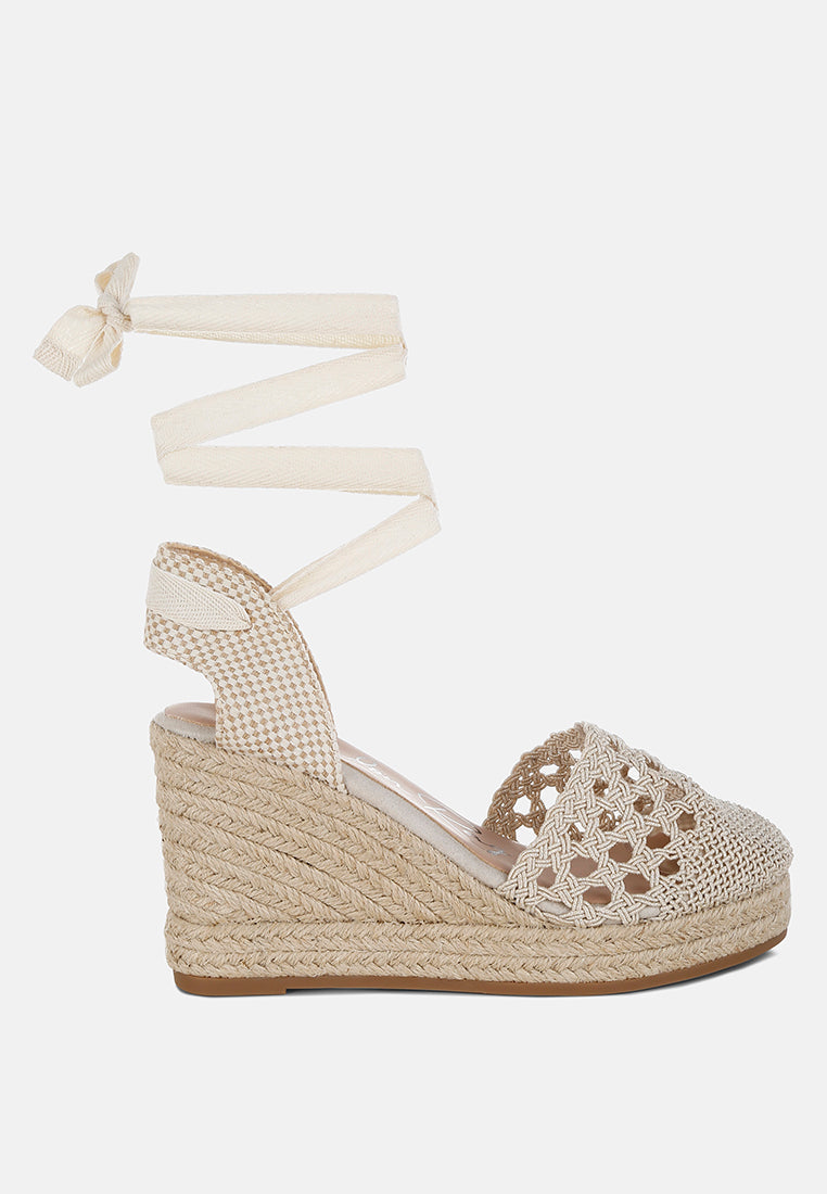 woven lace-up espadrille wedges by ruw#color_beige