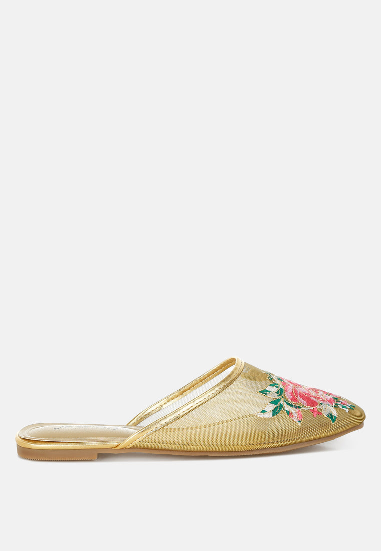 shara floral embroidered mesh mules#color_gold