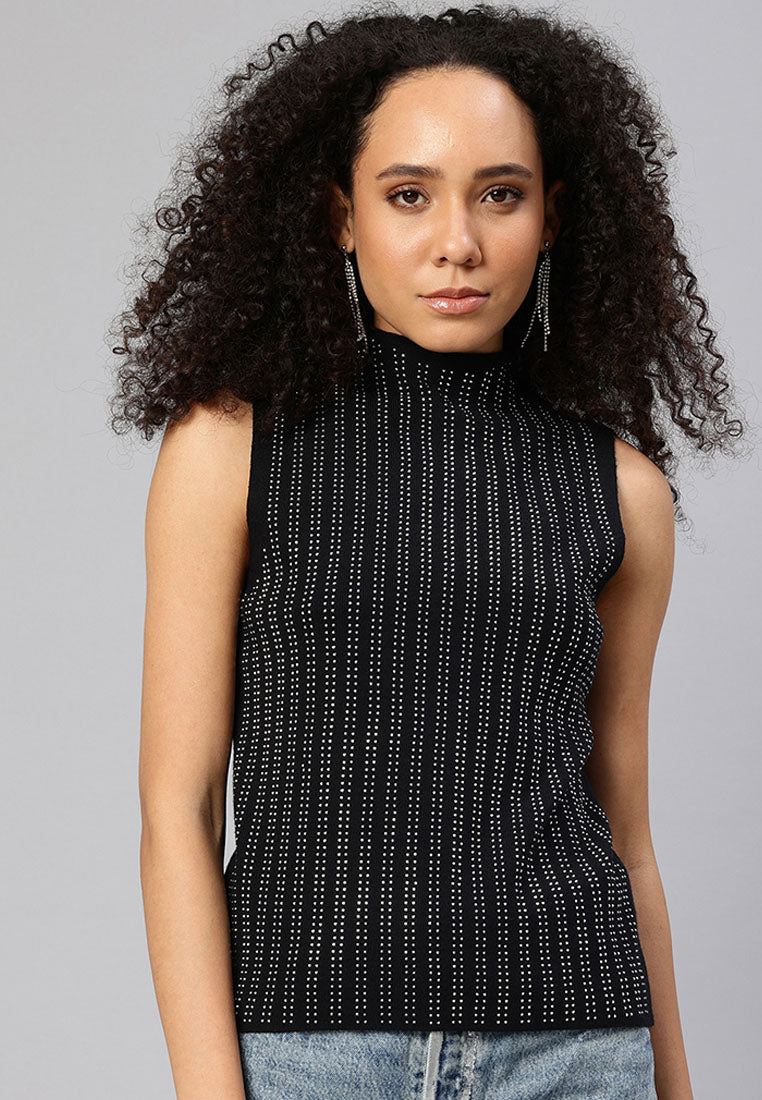 sleeveless sequin high neck top by ruw#color_black