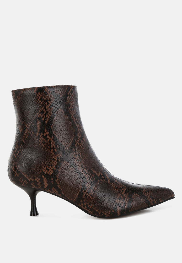 snake print kitten heel boots by mode#color_chocolate