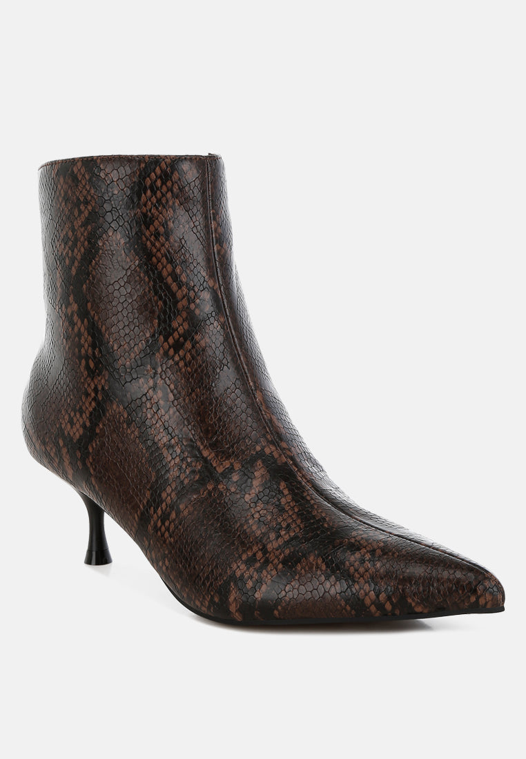 snake print kitten heel boots by mode#color_chocolate