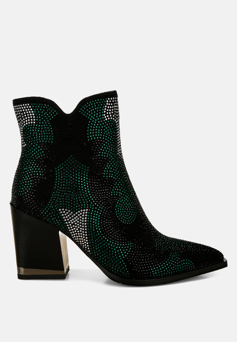 Zarka Rhinestones Embellished Block Heel Boots#color_green