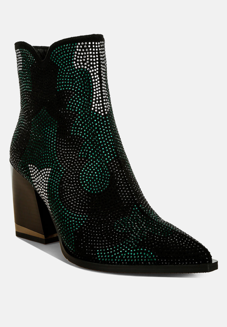Zarka Rhinestones Embellished Block Heel Boots#color_green