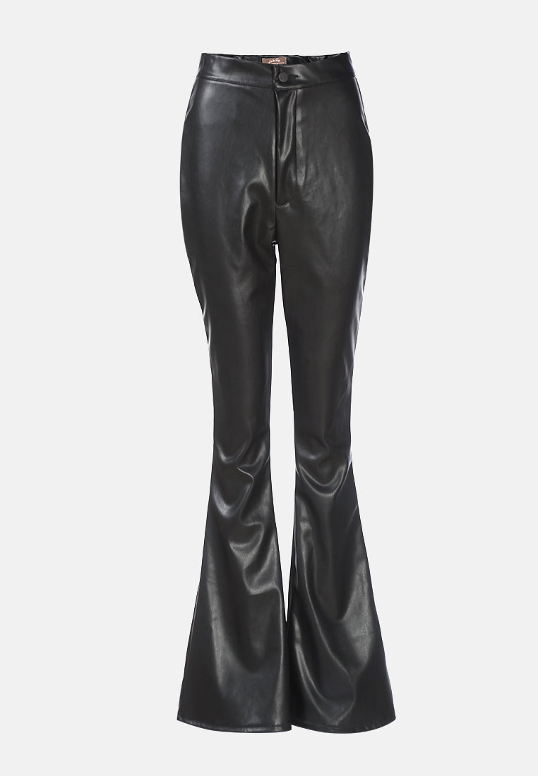 faux leather high waist flared trousers#color_black