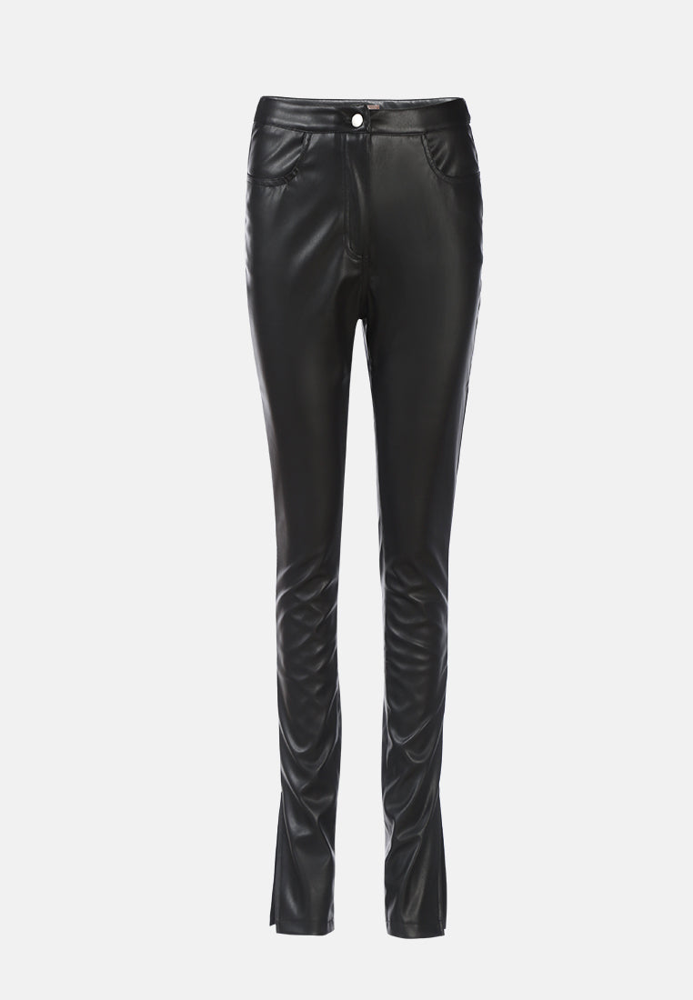 faux leather high waist split hem trouser#color_black
