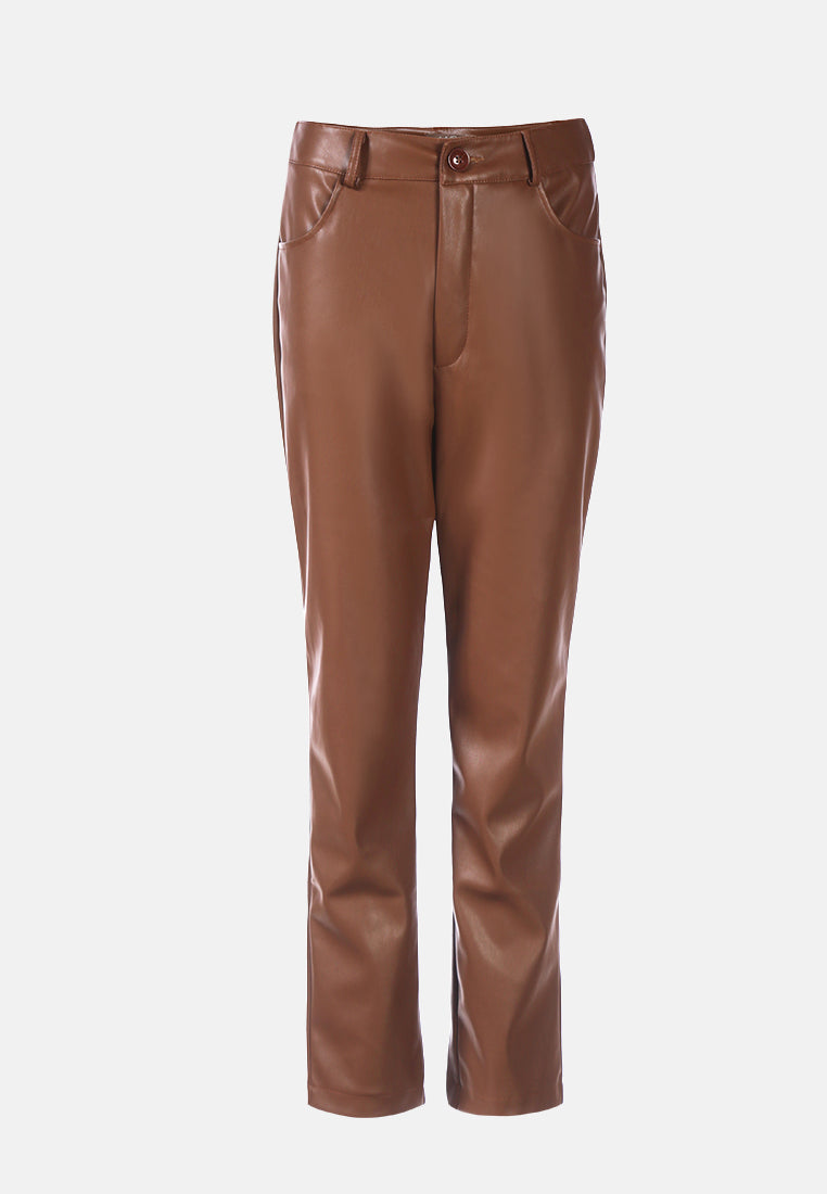 faux leather straight fall trousers#color_chocolate
