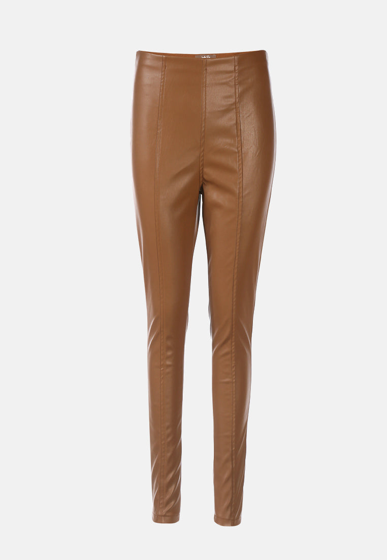 faux leather stitch detail high waist leggings#color_chocolate