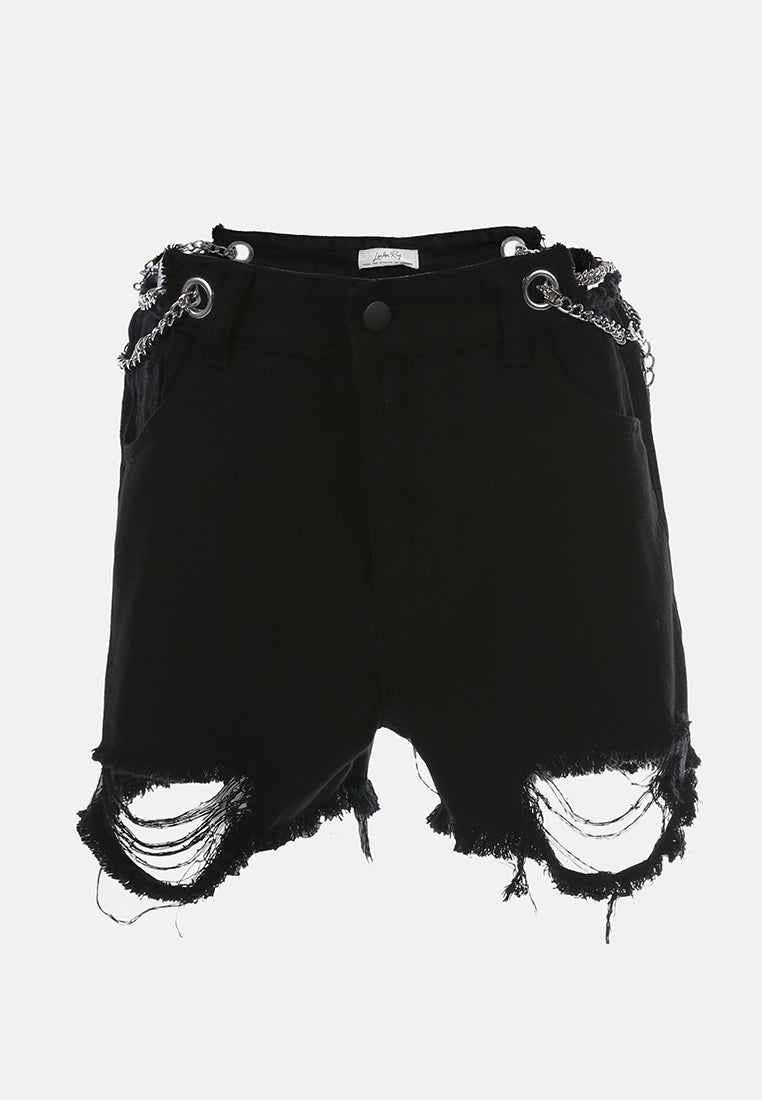 black distressed denim gothic shorts#color_black