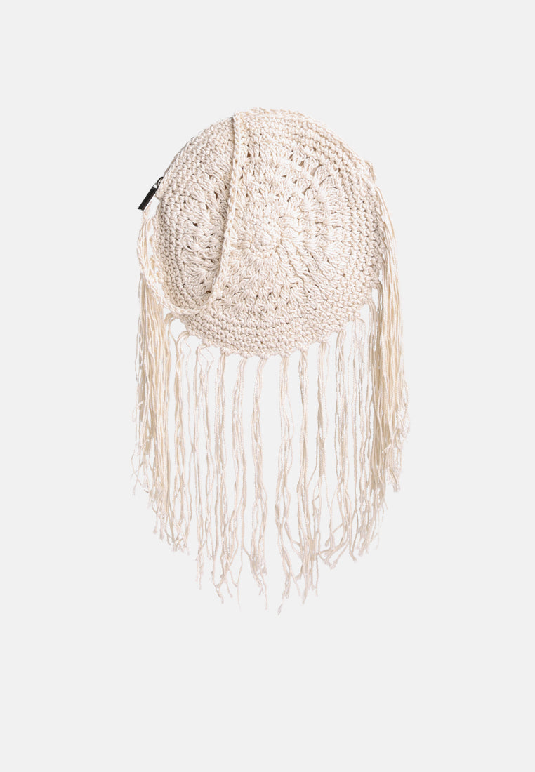 dream catcher handmade crochet boho round bag#color_white