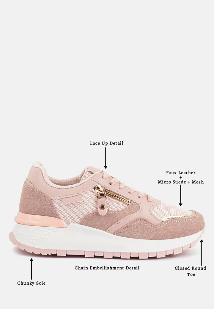 juliette chain detailing lace up sneakers#color_pink