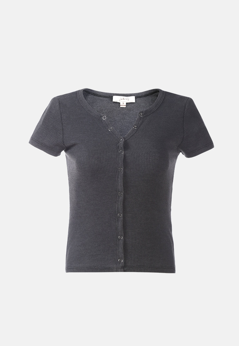 solid button up knitted top#color_black