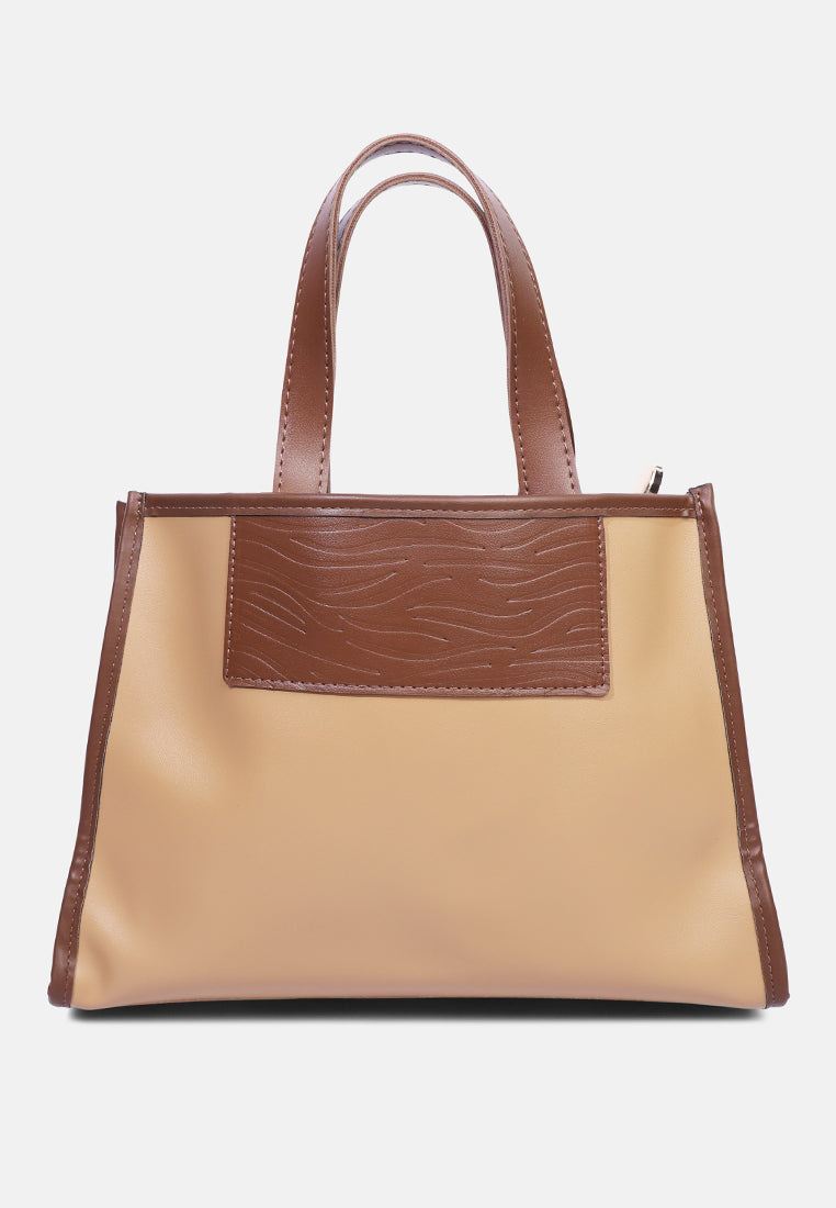 wavy patch color block tote bag#color_camel