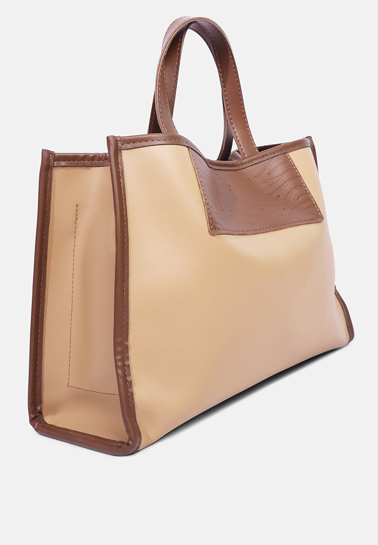 wavy patch color block tote bag#color_camel