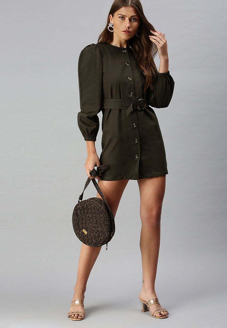puff sleeve mini shirt dress#color_khaki