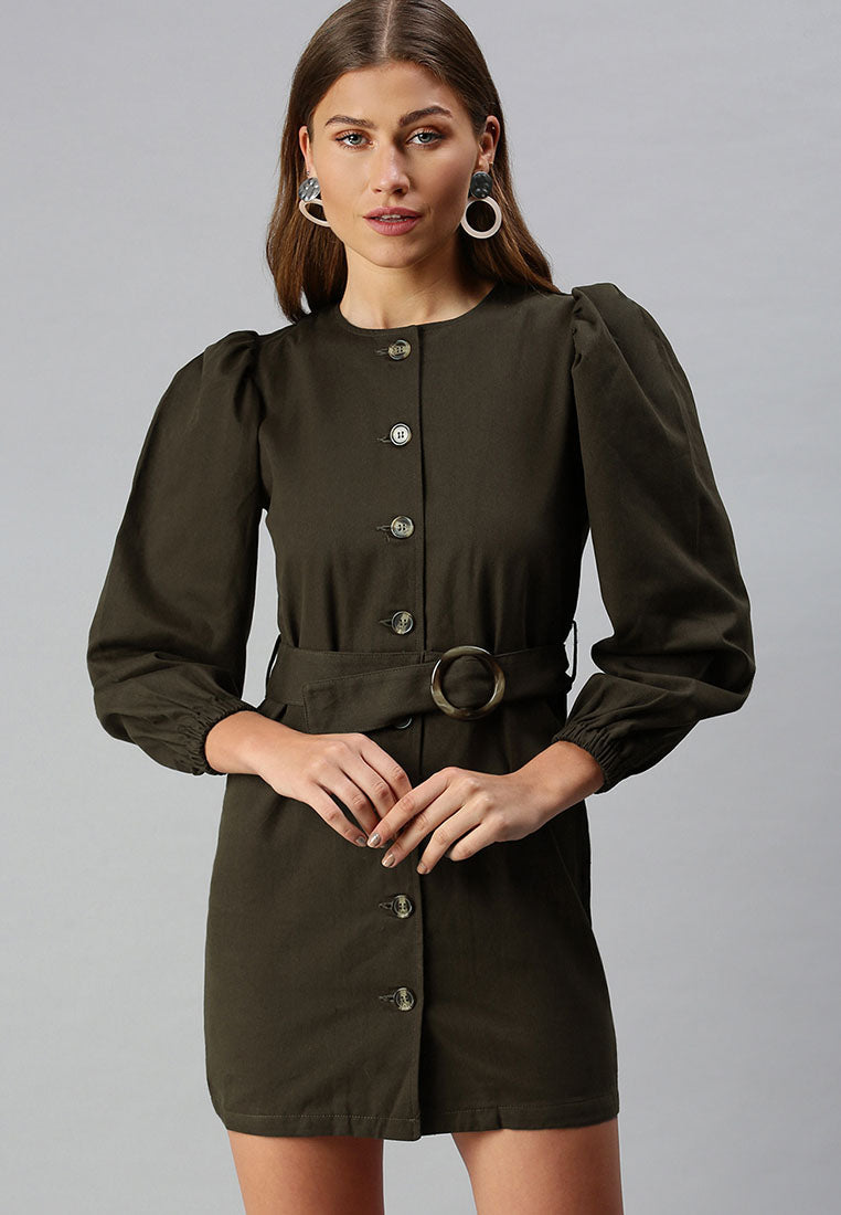 puff sleeve mini shirt dress#color_khaki