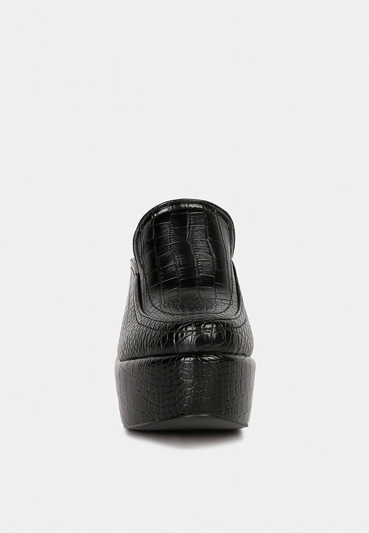 bauhaus croc pattern heeled platform mules by ruw#color_black