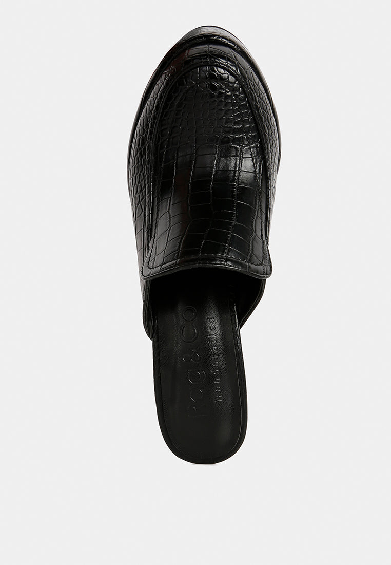 bauhaus croc pattern heeled platform mules by ruw#color_black