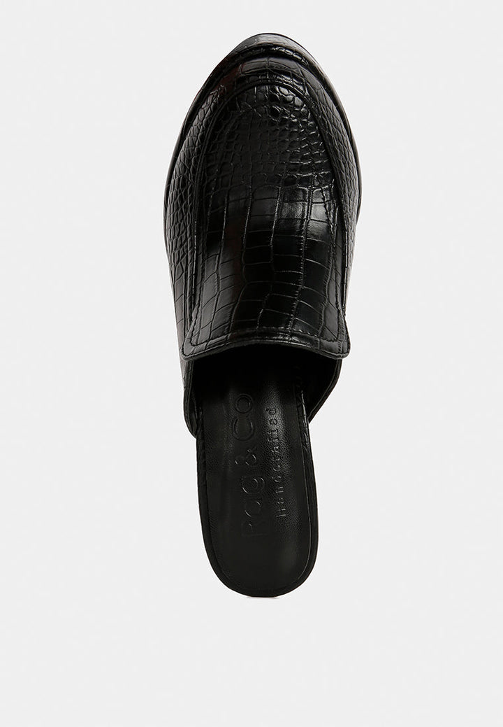 bauhaus croc pattern heeled platform mules by ruw#color_black