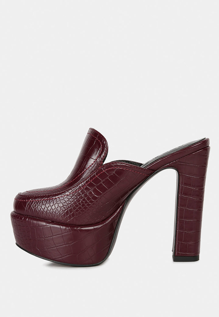 bauhaus croc pattern heeled platform mules by ruw#color_burgundy