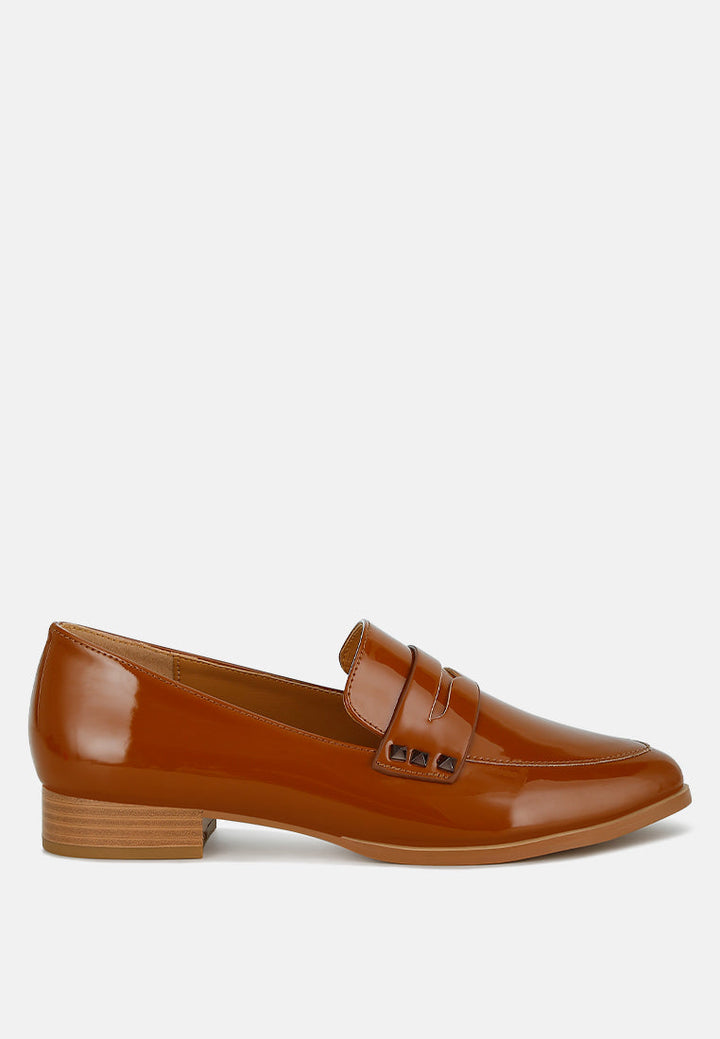 patent pleather penny loafers by ruw color_tan