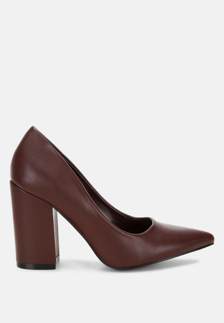 zhuri faux leather solid block heel pumps#color_brown