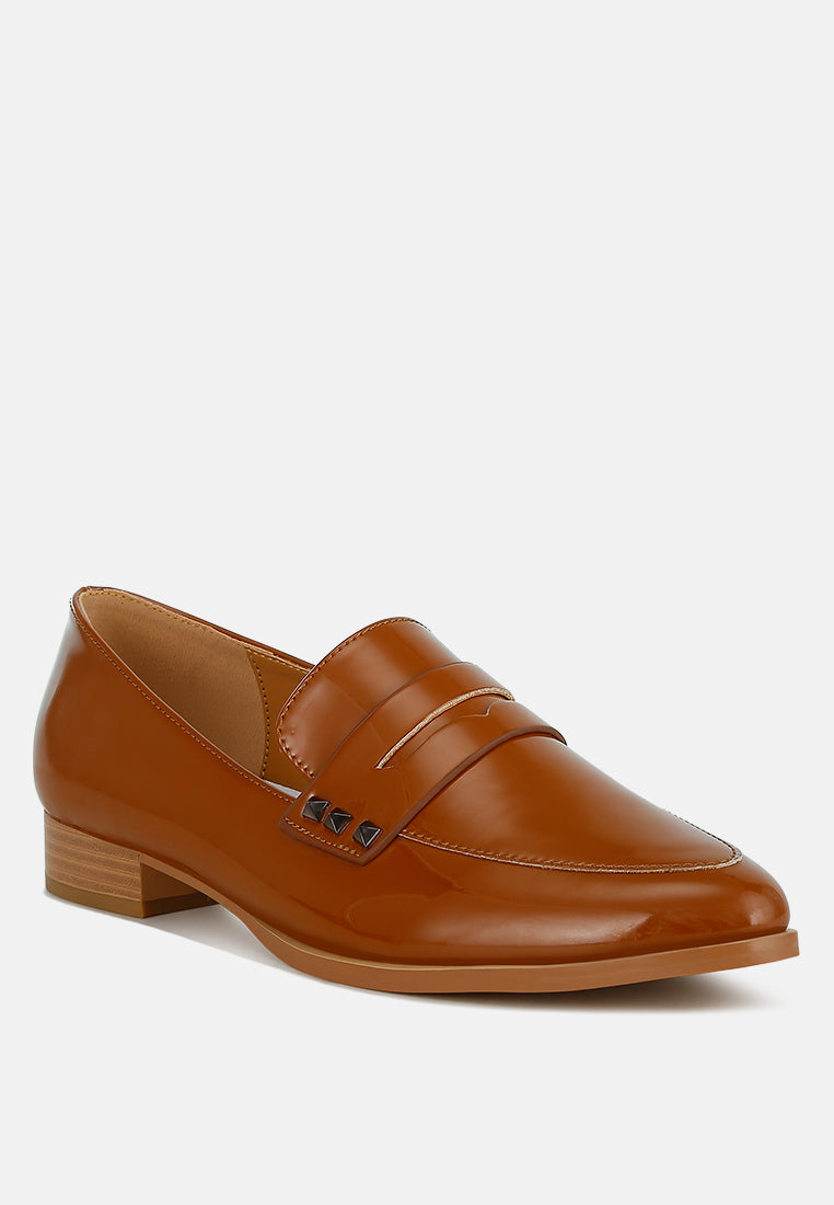 patent pleather penny loafers by ruw color_tan