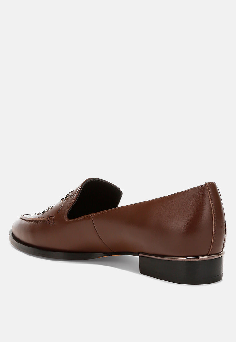 studded genuine leather loafers by ruw color_brown