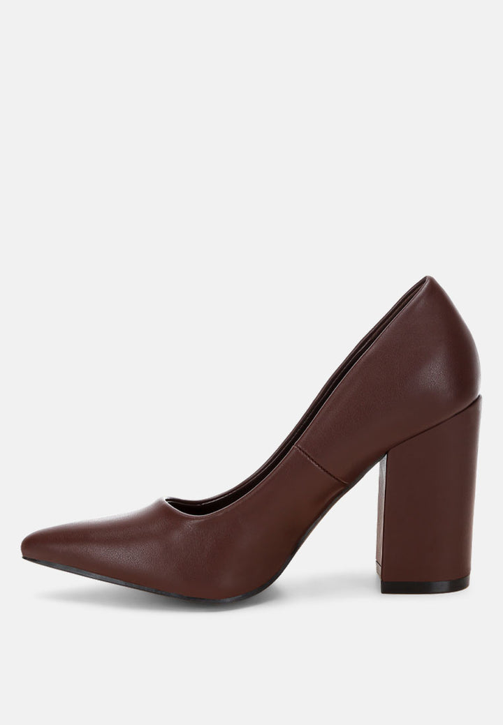 zhuri faux leather solid block heel pumps#color_brown