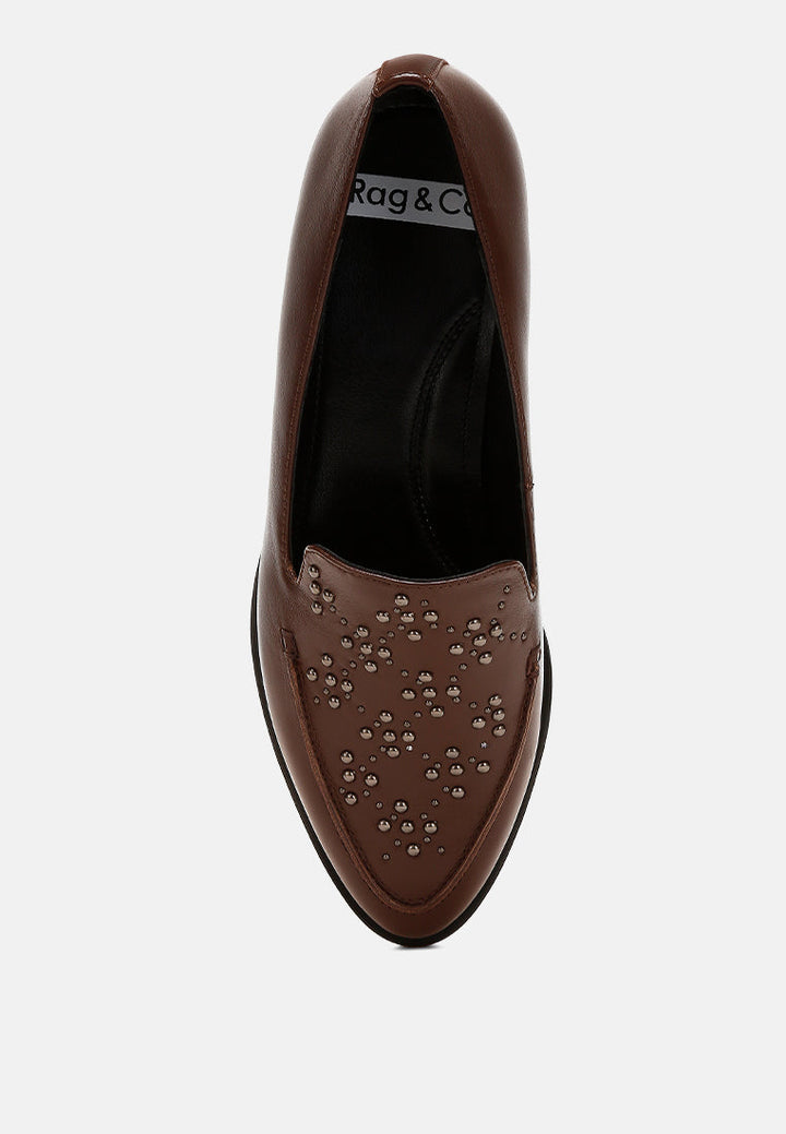 studded genuine leather loafers by ruw color_brown