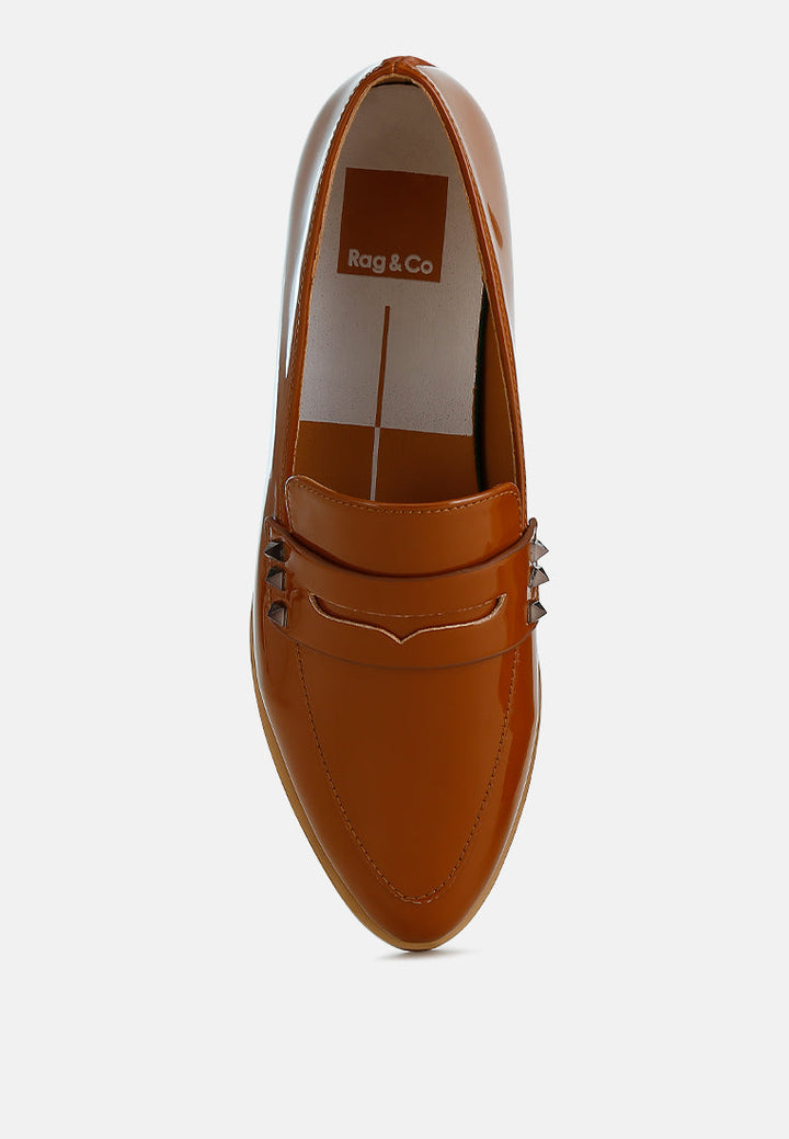 patent pleather penny loafers by ruw color_tan