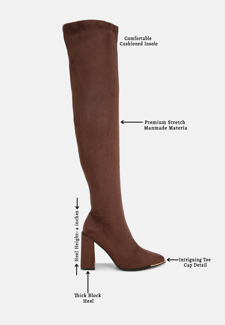 veronica stretchable block heel long boots#color_brown-suede