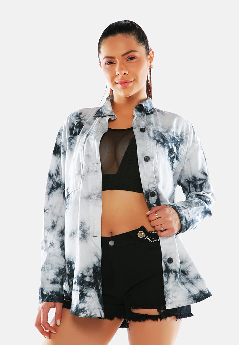 tie dye long sleeve shacket#color_black