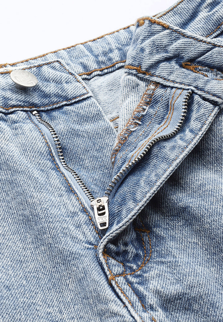 blue side slit raw hem denim shorts#color_blue