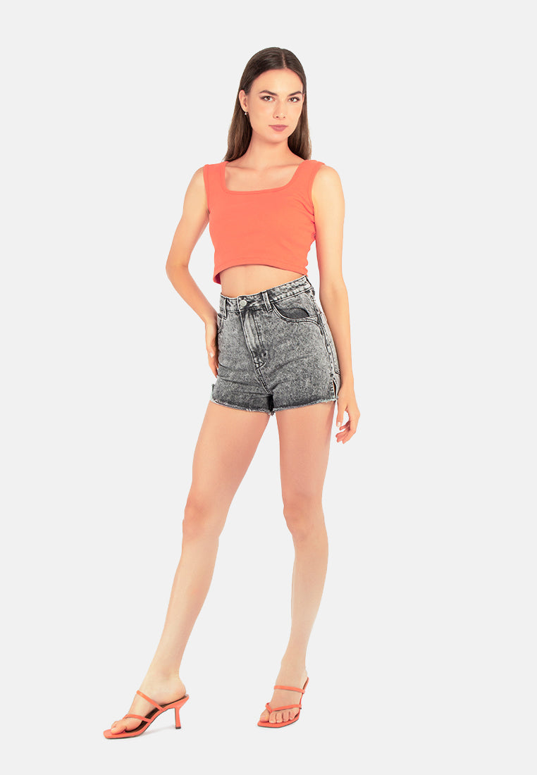 side slit raw hem denim shorts#color_grey