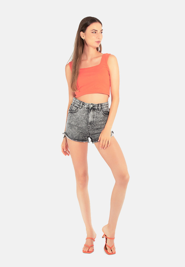 side slit raw hem denim shorts#color_grey